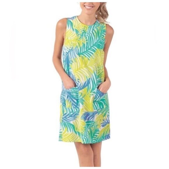 Mud Pie Dress Women’s M Medium Palm Leaf Tropical Pockets Pullover Blue Green - Picture 16 of 16